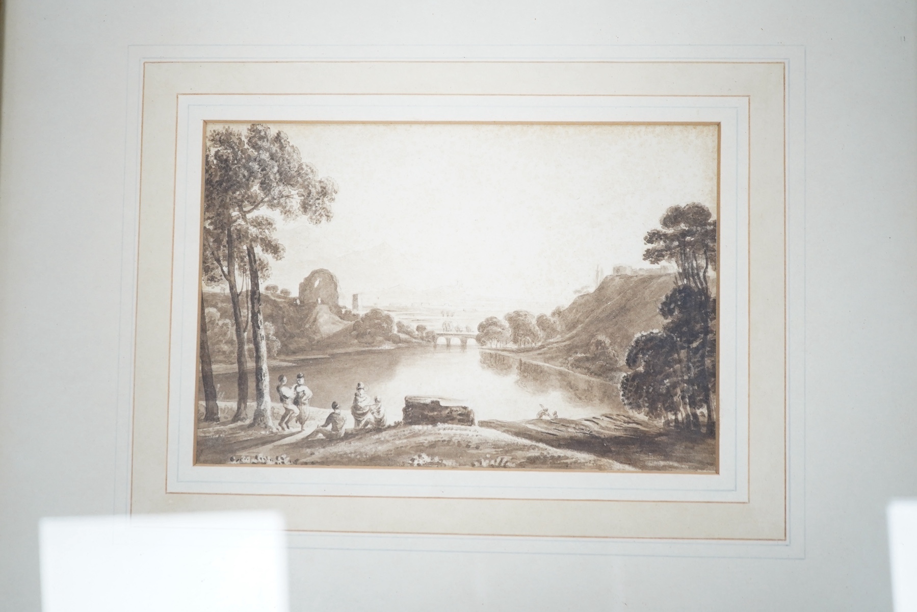 Three 19th century monochrome watercolours to include one attributed to John Varley (1778-1842), landscapes, largest 11 x 17cm. Condition - fair/good